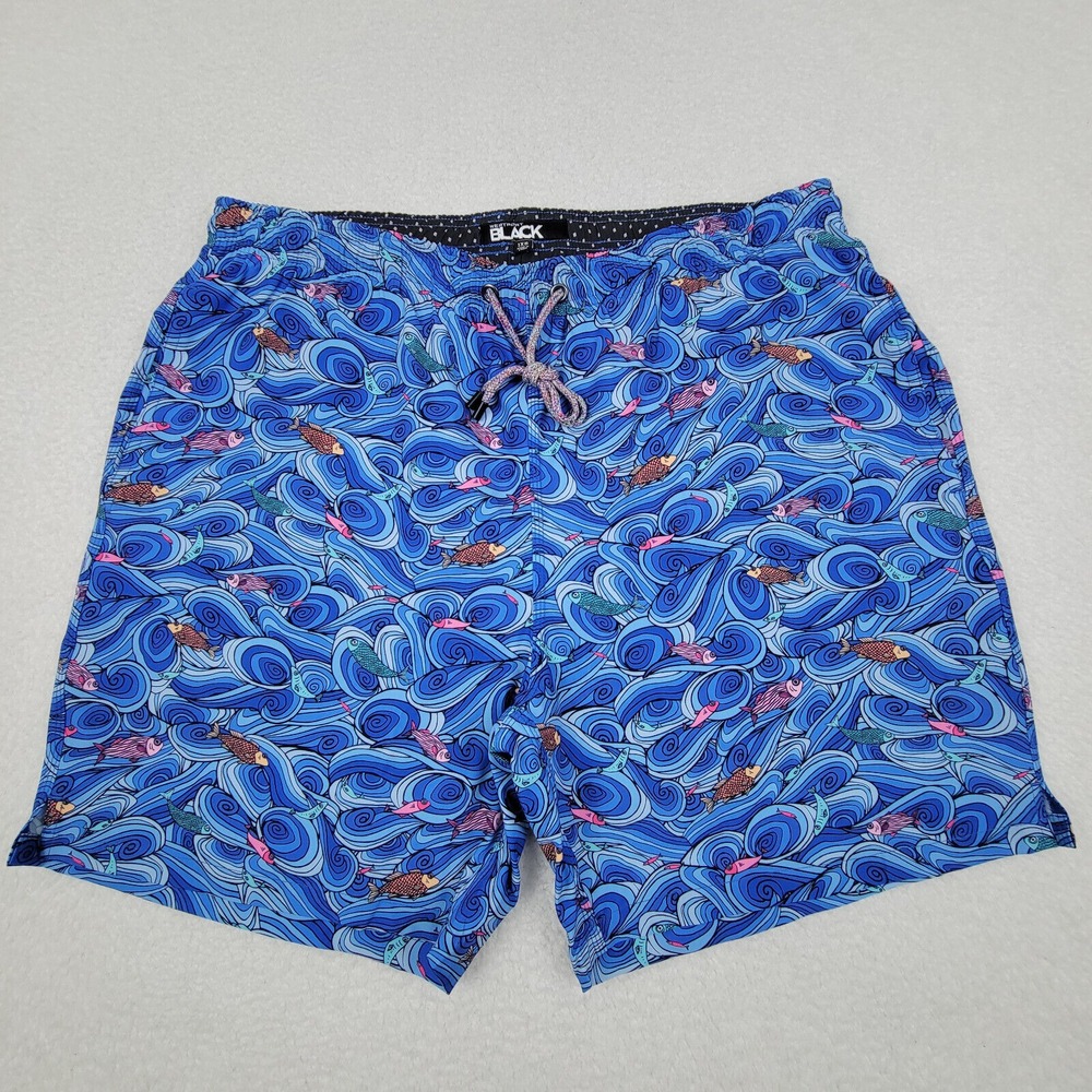 Westport Black Lined Board Shorts Mens 1XB Big Blue‎ Fish in Water Waves MINT